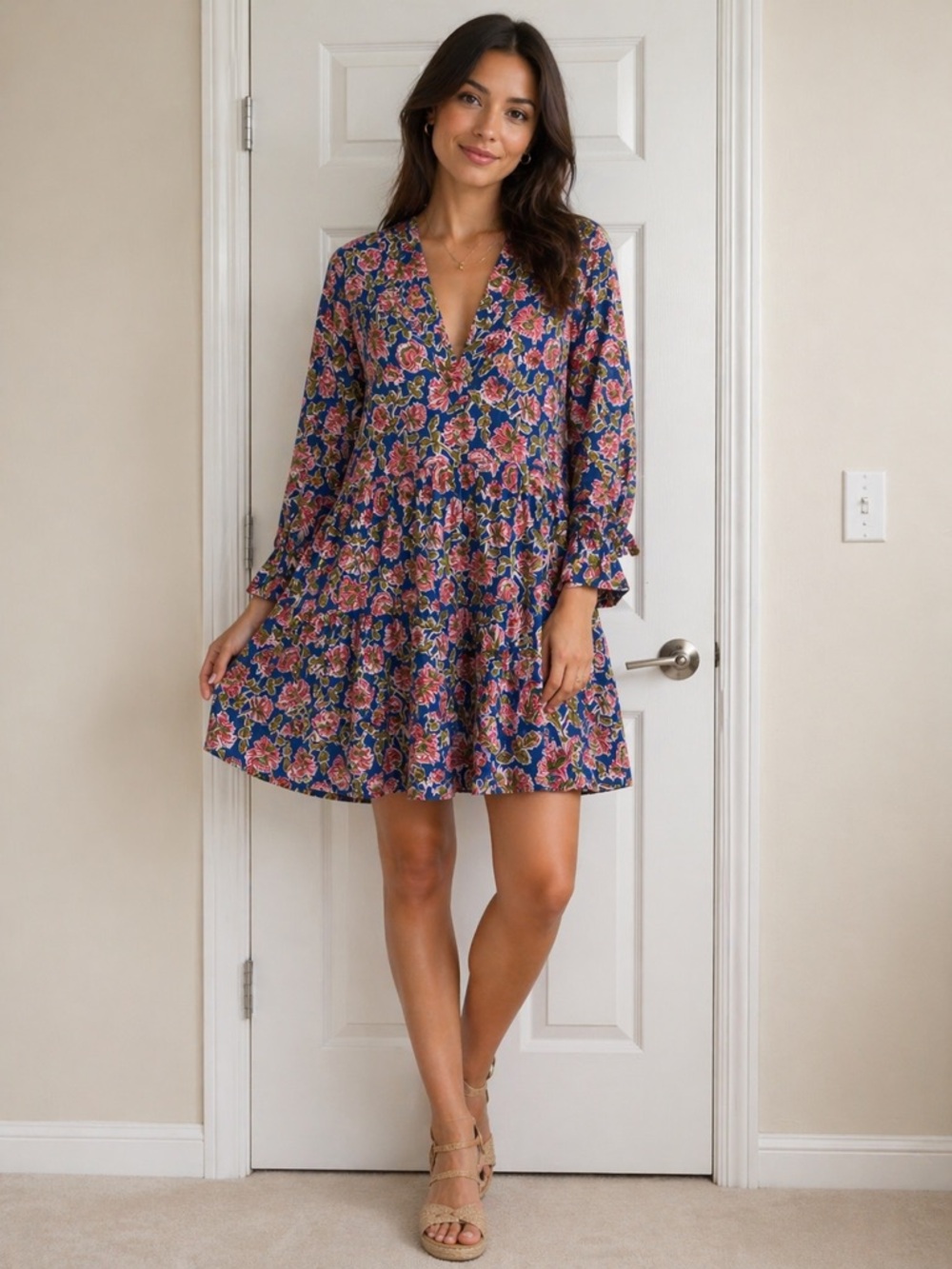 MARE SEA Women’s Floral V-Neck Tiered Long Sleeve Mini Dress in Navy Pink EUC XS